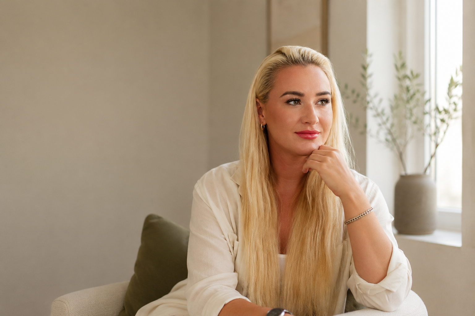 woman thinking near window gabrielle founder of becoming on point warm lighting photo