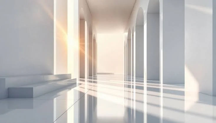 spacey and beautiful white room with light shining through and reflecting off the wall