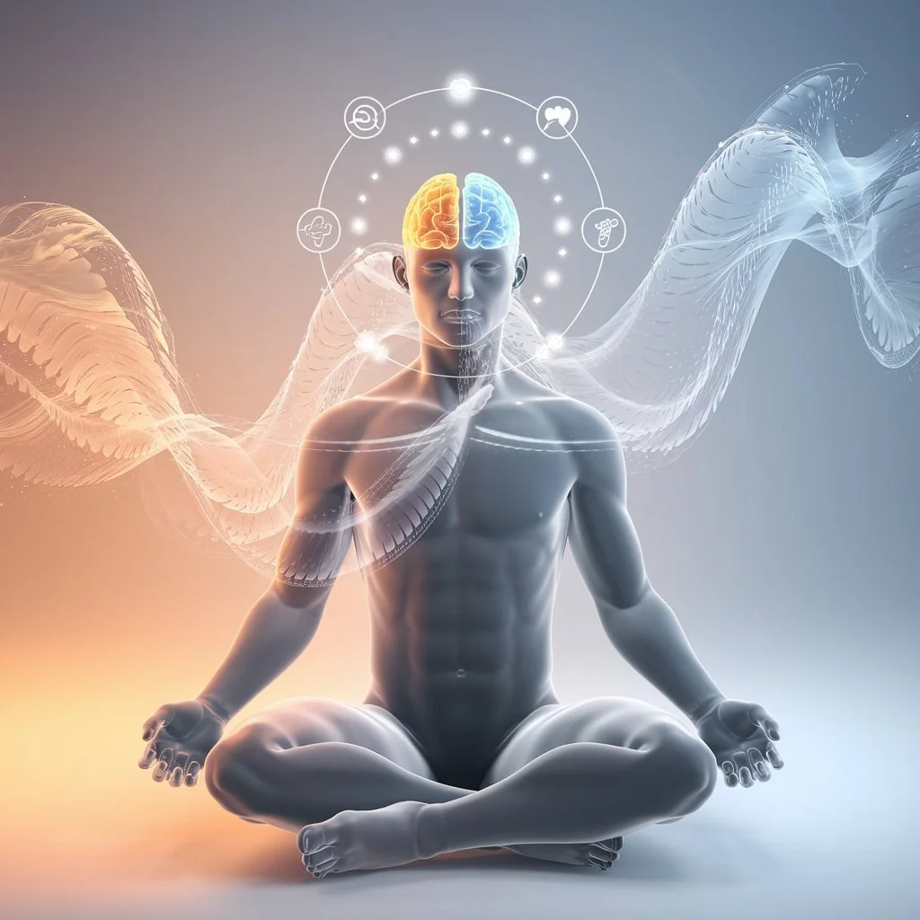 Psychological image representing the effort to balance modern day thinking with a harmonious way of being. This image represents the internal energy it takes to keep positive and moving forward amidst modern life chaos, preventing burnout.