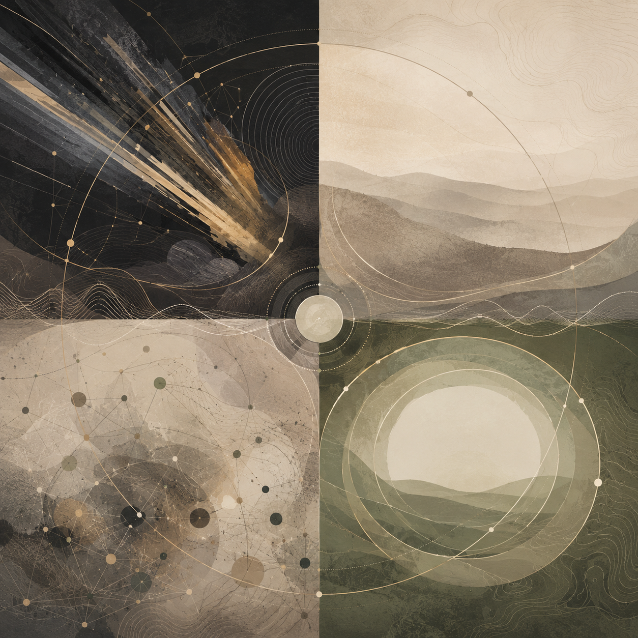 Abstract digital artwork divided into four quadrants, featuring layered mountain landscapes, geometric patterns, circles, and connecting lines in earthy tones of beige, brown, green, and black. This quadrant represents the nervous system.