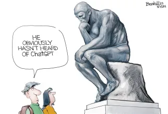 thinking man and modern people assuming he has not used chatgpt or ai cartoon