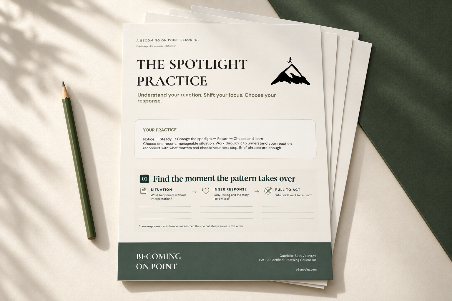 Front page of 4 page workbook free resource for psychology and self help by Becoming On Point