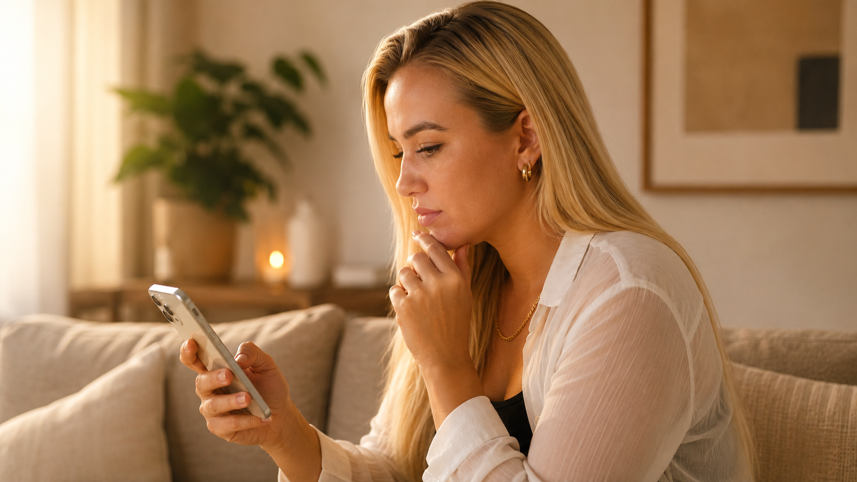 blonde woman reading her phone screen in living room with plant in the background in warm lighting looking pensive