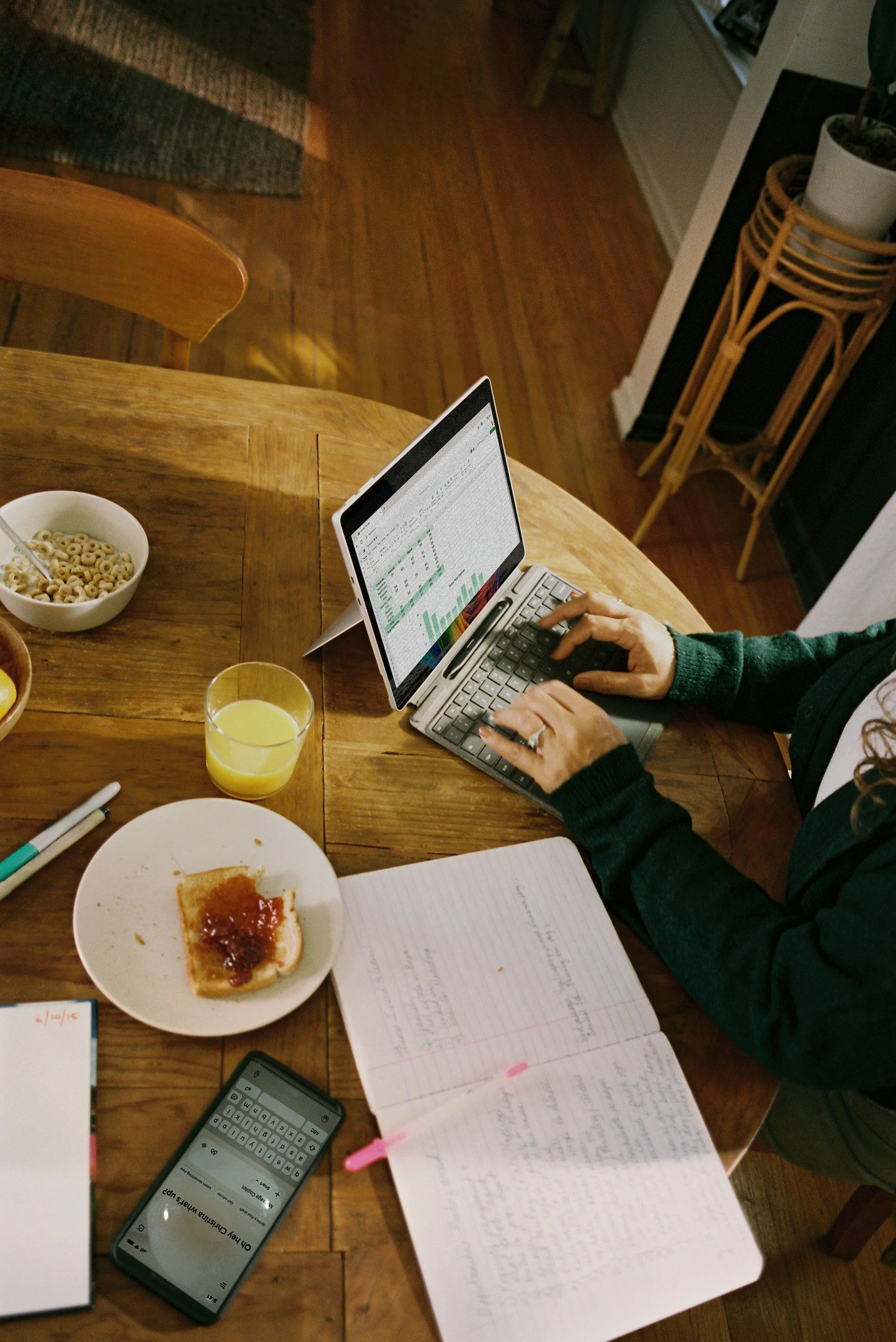 woman sitting upright taking one next step to complete her action after grounding herself with food and focus
