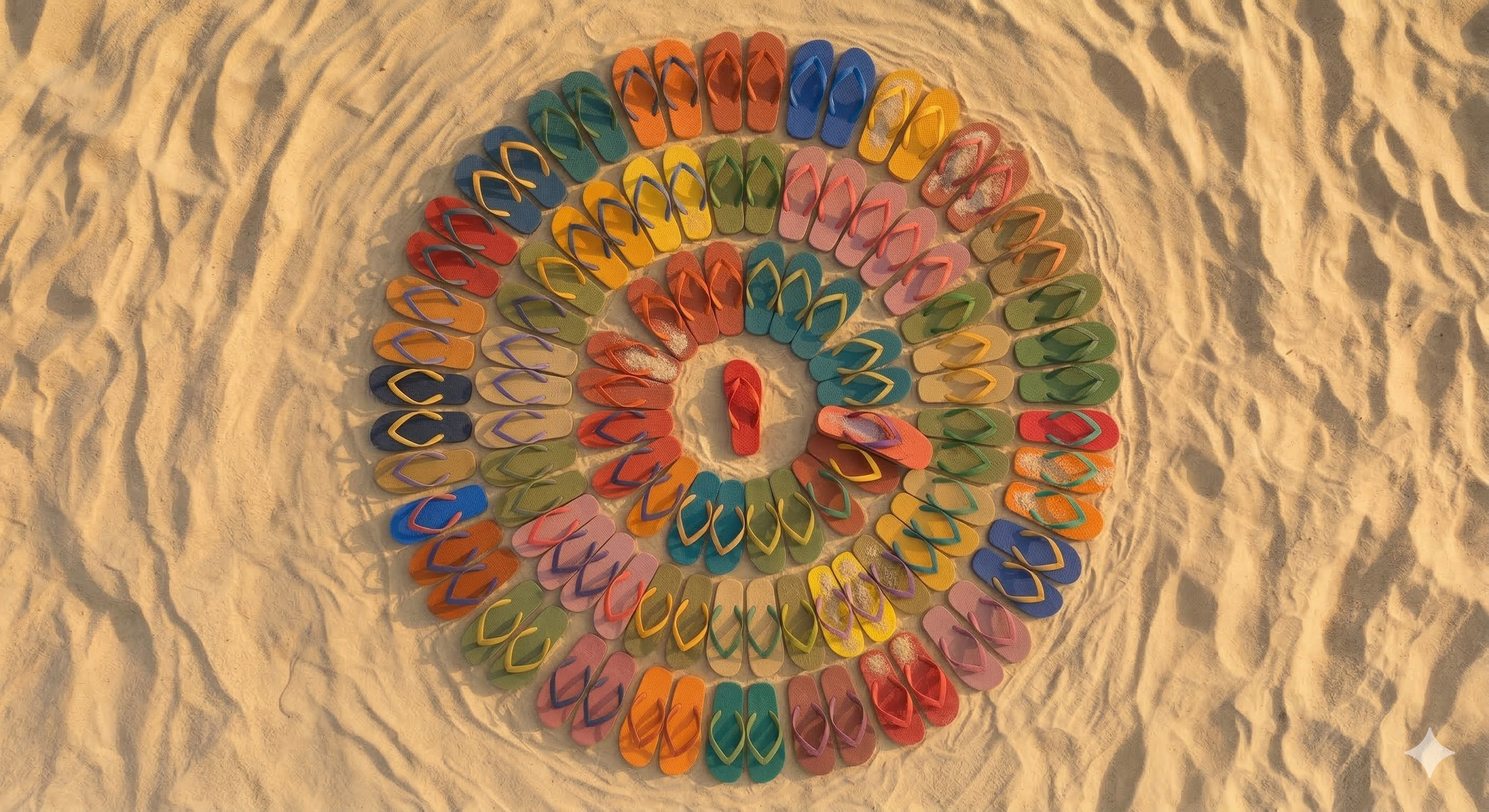 Colorful flip-flops arranged in concentric circles on sandy beach.
