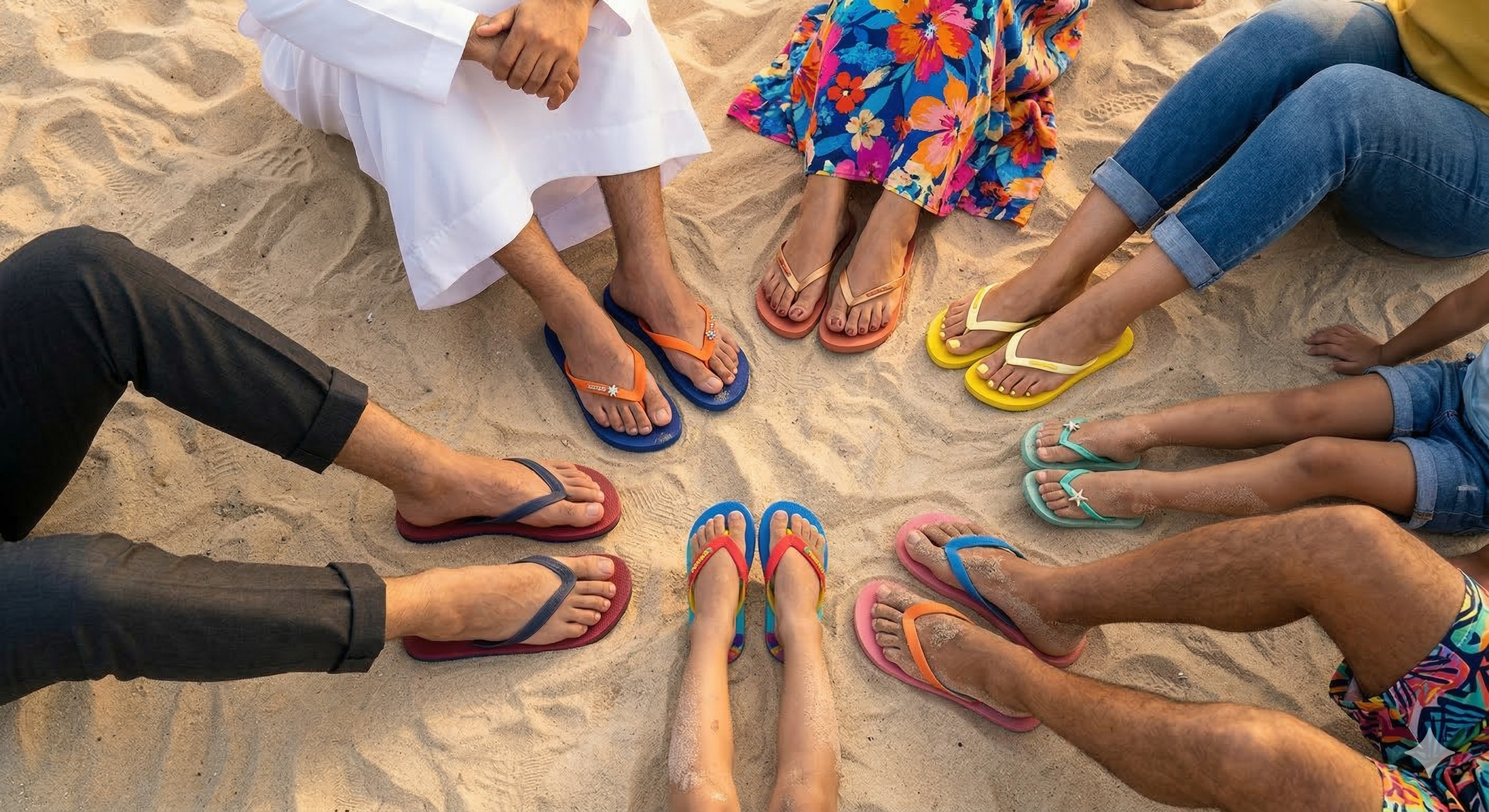 People sitting on the sand in a circle, wearing colorful flip-flops.