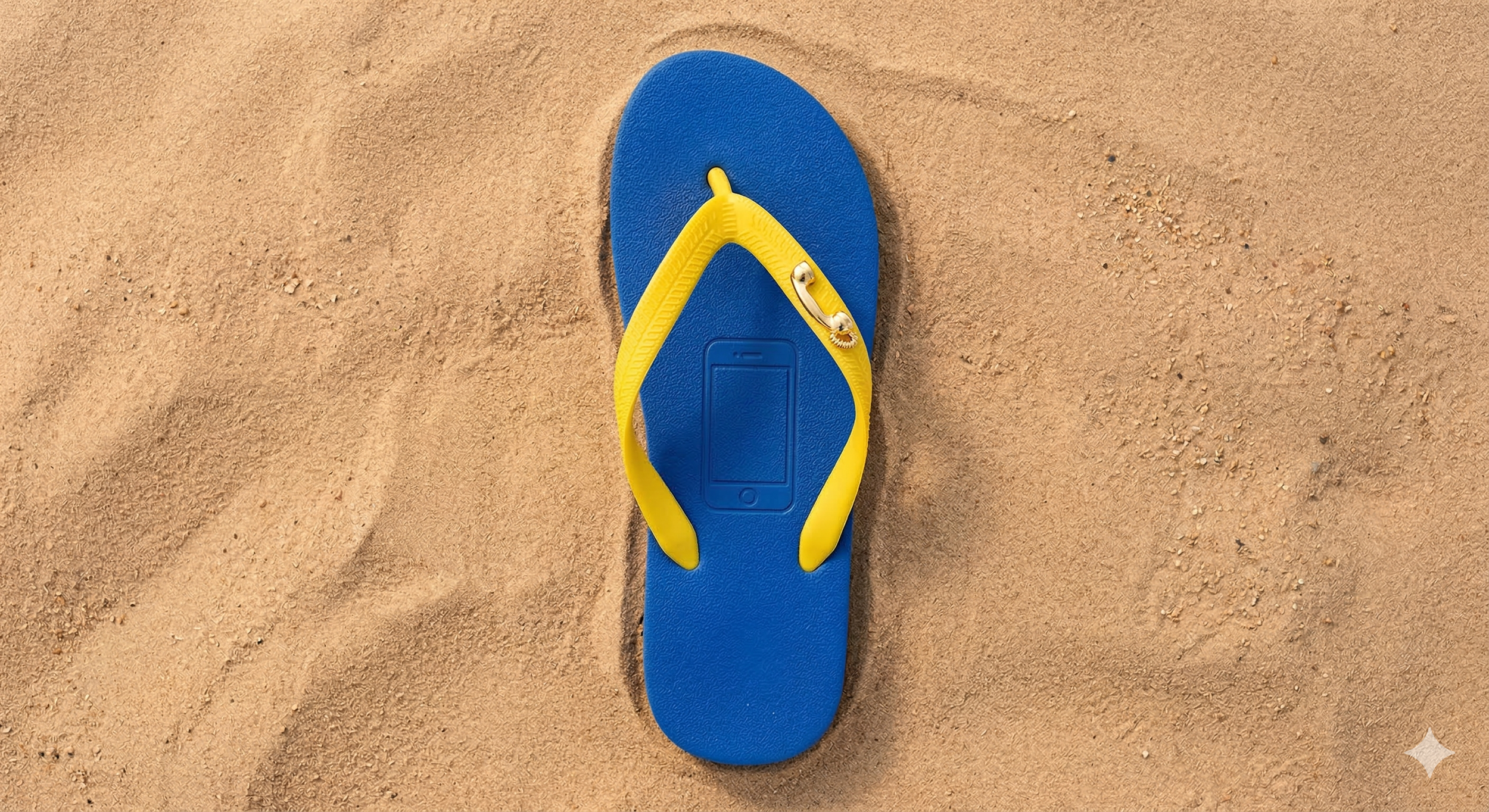 A blue flip-flop with yellow straps on sandy ground, with a smartphone illustration on the footbed, and a smartphone charm.