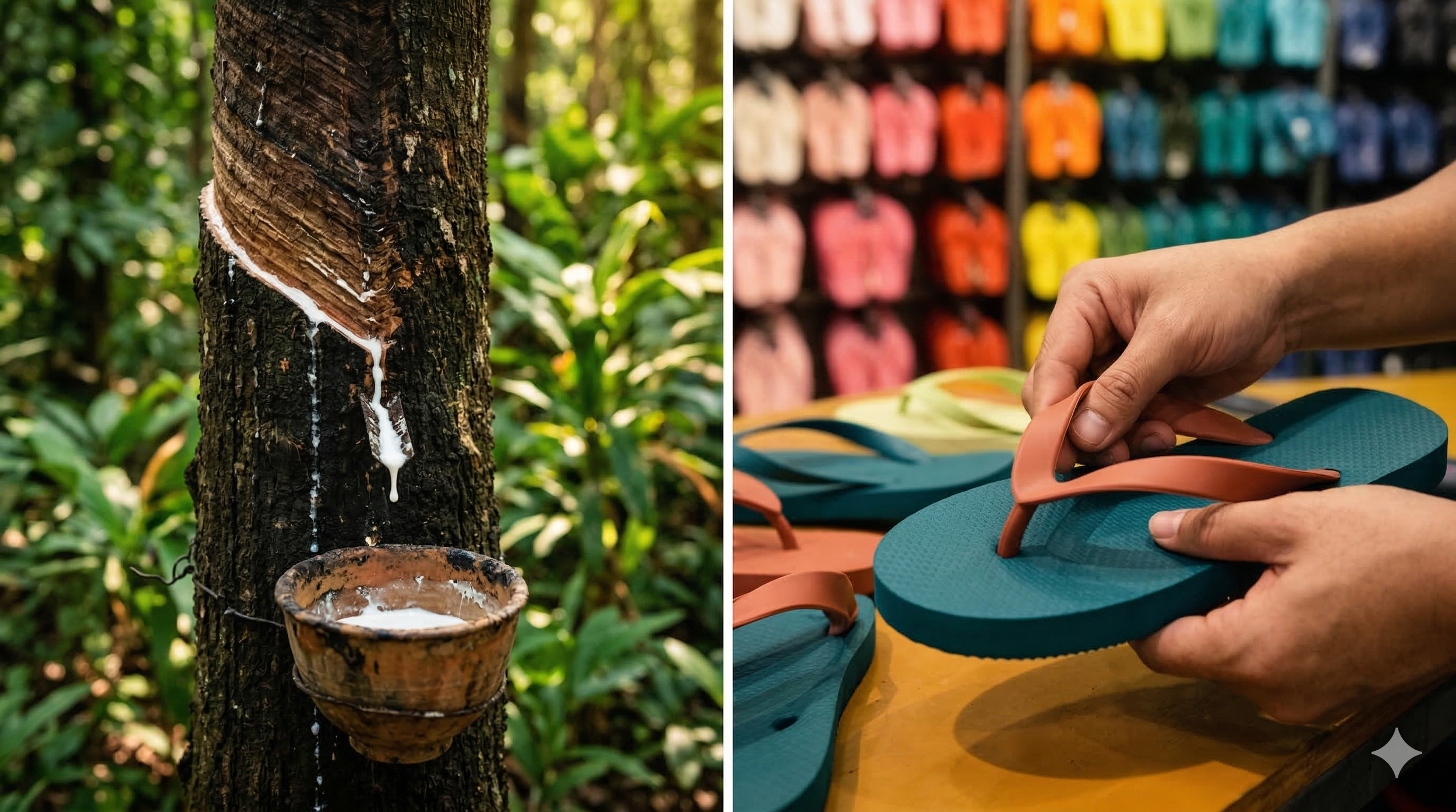 Side-by-side photos: left shows tree with white latex sap dripping into a small bowl on a forest background; right shows a person picking a turquoise flip flop with tan straps from a display with various colorful flip flops in the background.
