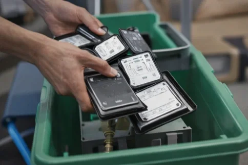 Hands reaching into a green bin filled with various hard drives.