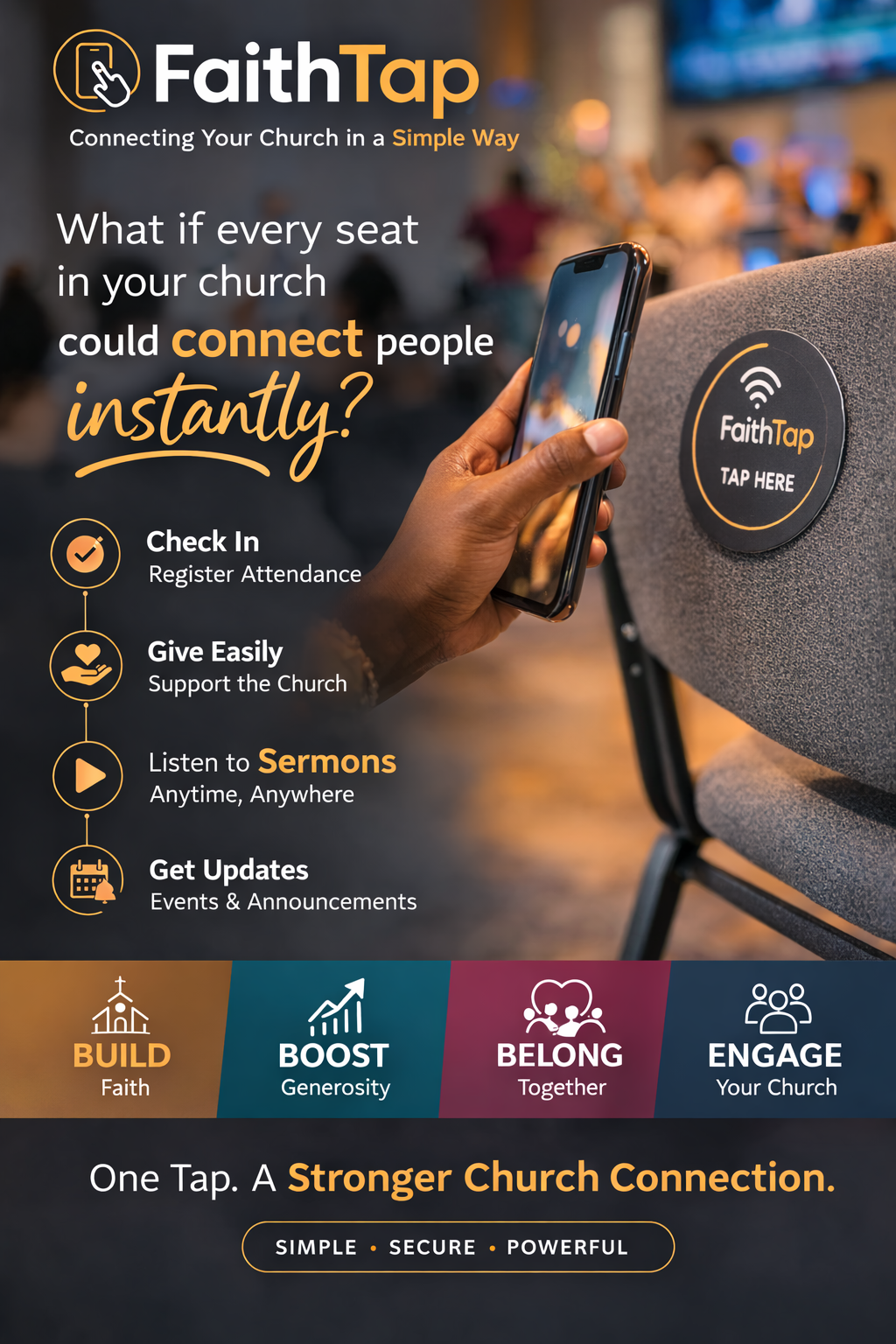 A promotional flyer for FaithTap, a church connectivity app. The flyer shows a person using a smartphone near a FaithTap tap point on a speaker, with the app's logo visible. Text highlights features: register attendance, support the church, listen to sermons, and get updates. The bottom section emphasizes building faith, boosting generosity, belonging together, and engaging the church, with the tagline: One Tap. A stronger church connection. Simple, secure, powerful.