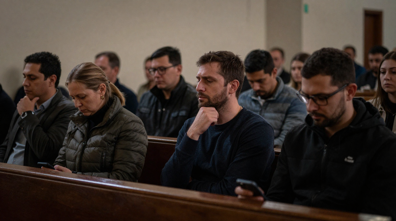 People sitting in pews, engaged with their phones during a church service or similar gathering.