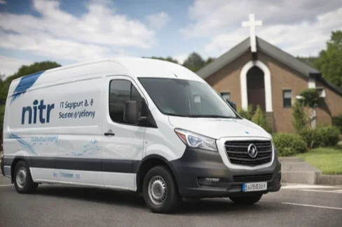 White NITR delivery van parked in front of a church with a cross on the roof.