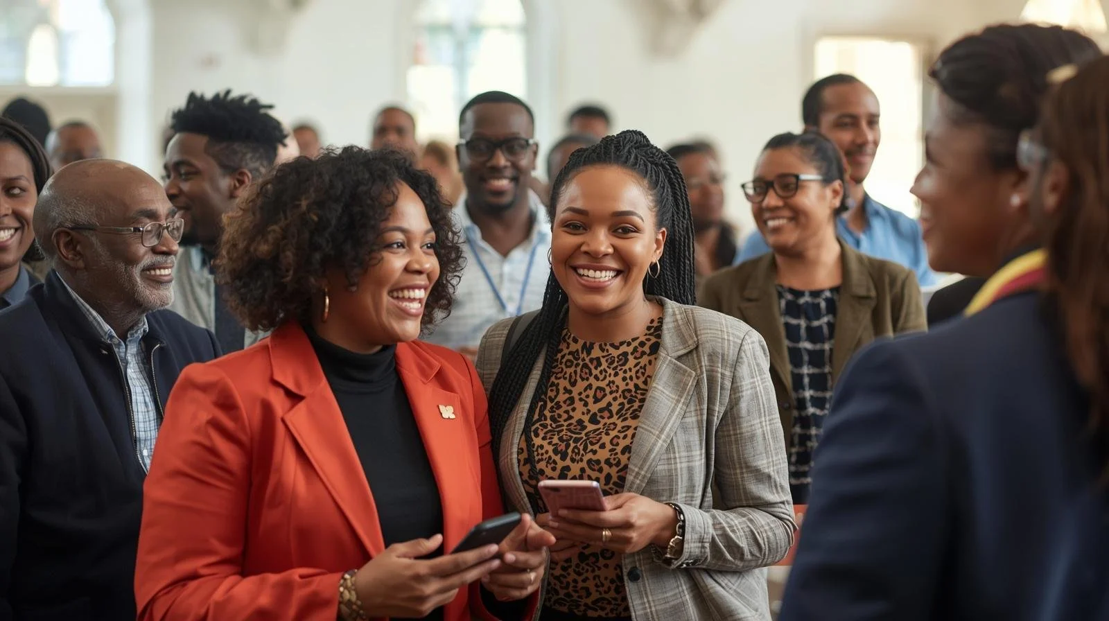 Group of diverse people smiling and engaging at a professional event or conference, with some holding smartphones.