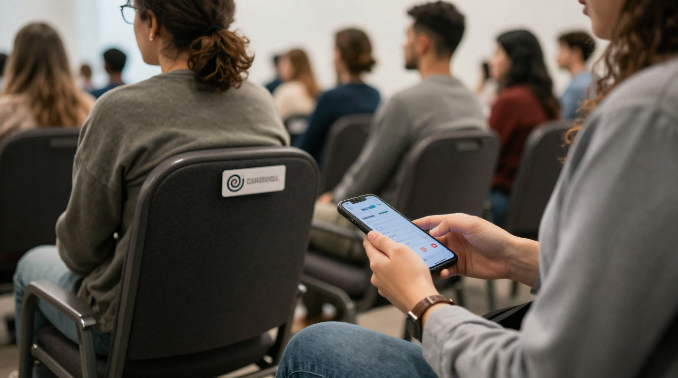 Person seated in a conference room, using a smartphone with an audience of diverse people sitting in rows behind them.