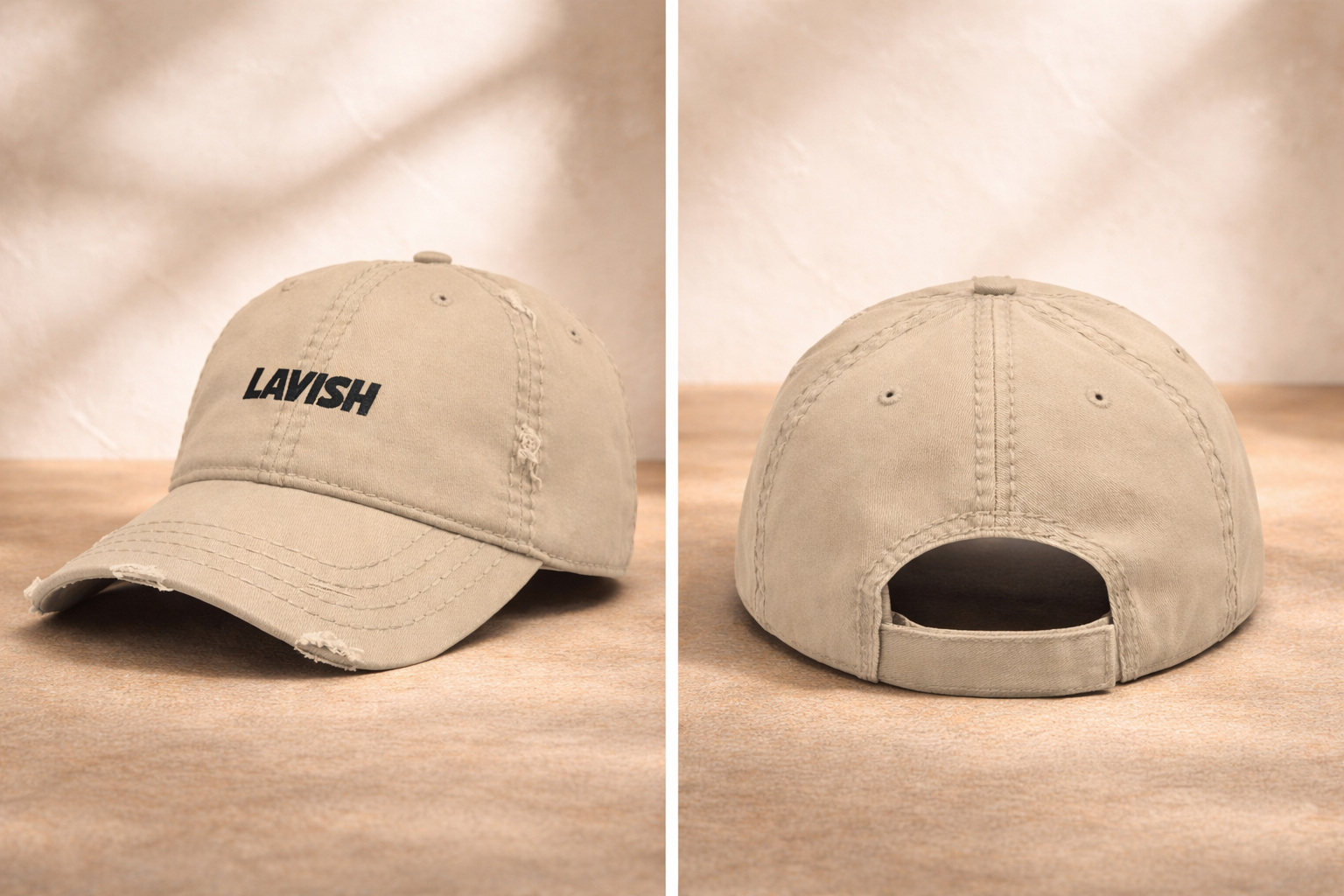 Distressed caps with "LAVISH" design.png