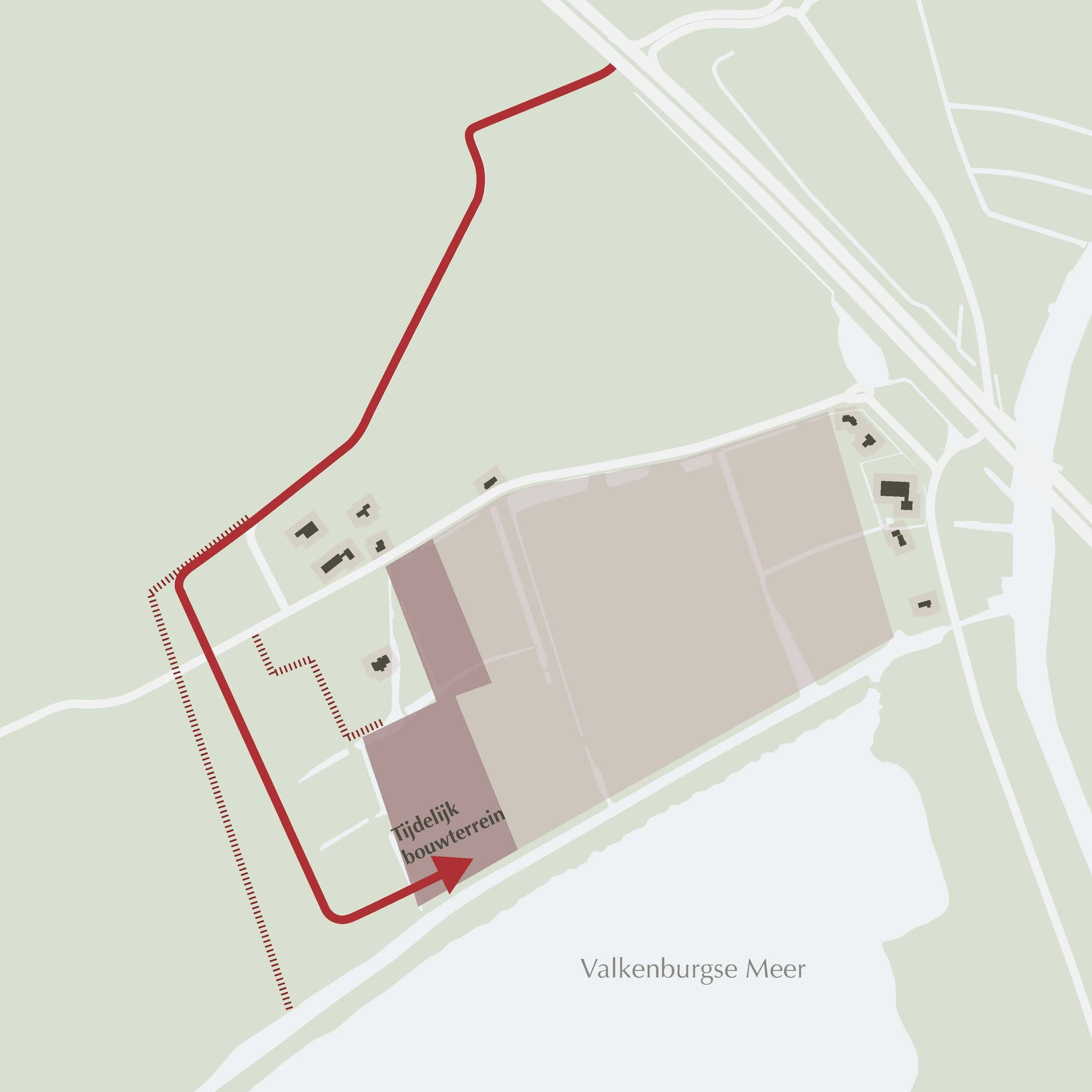 Map showing the layout of the Lilly Plot, with a temporary construction area marked in red and an arrow indicating the direction of access from the main road. The map includes a body of water labeled Valkenburgse Meer, surrounding roads, and nearby buildings.