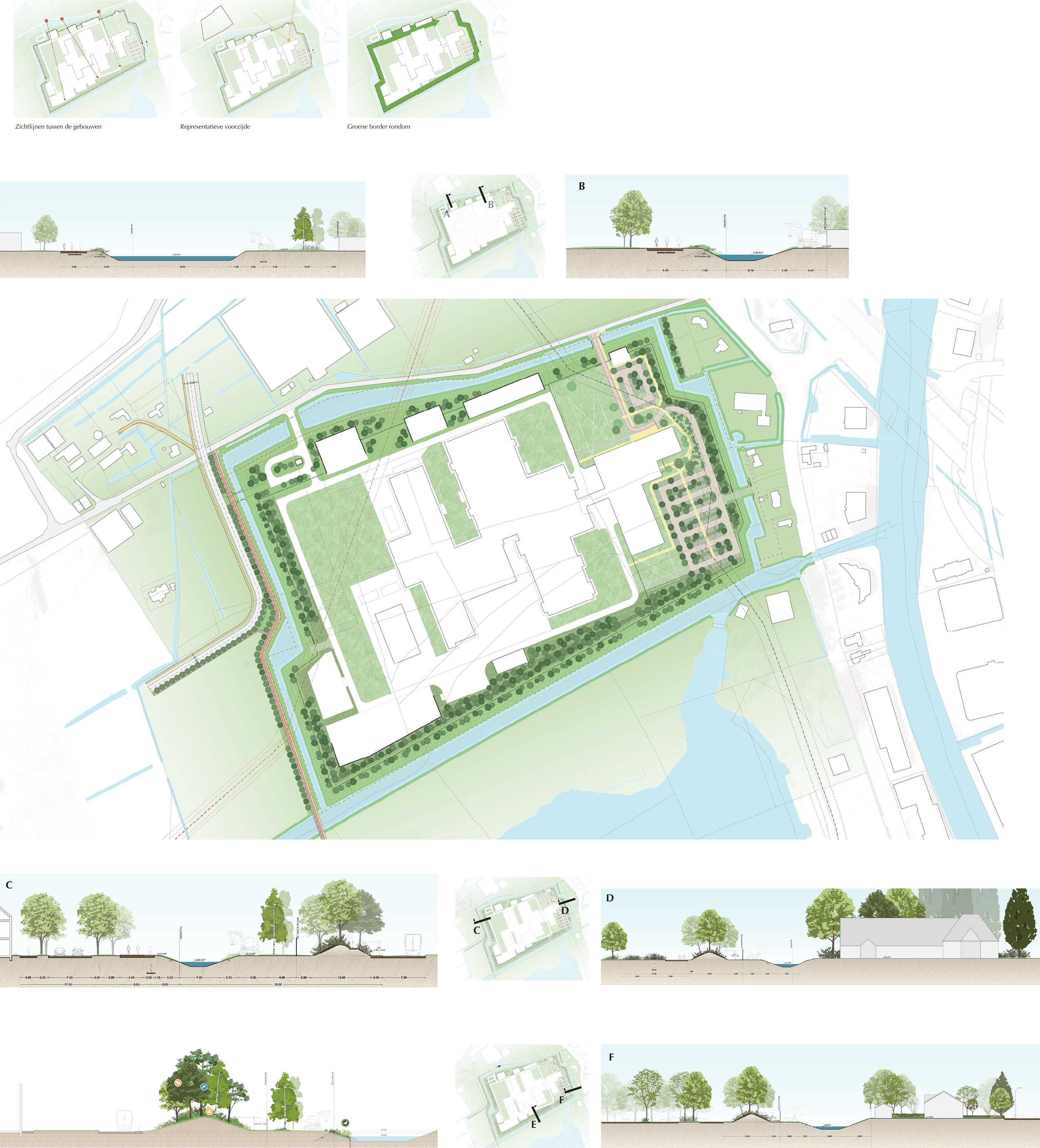 Architectural plan showing a landscape design with pathways, water features, and trees surrounding a rectangular building complex, including sectional views of the terrain and landscape elements.