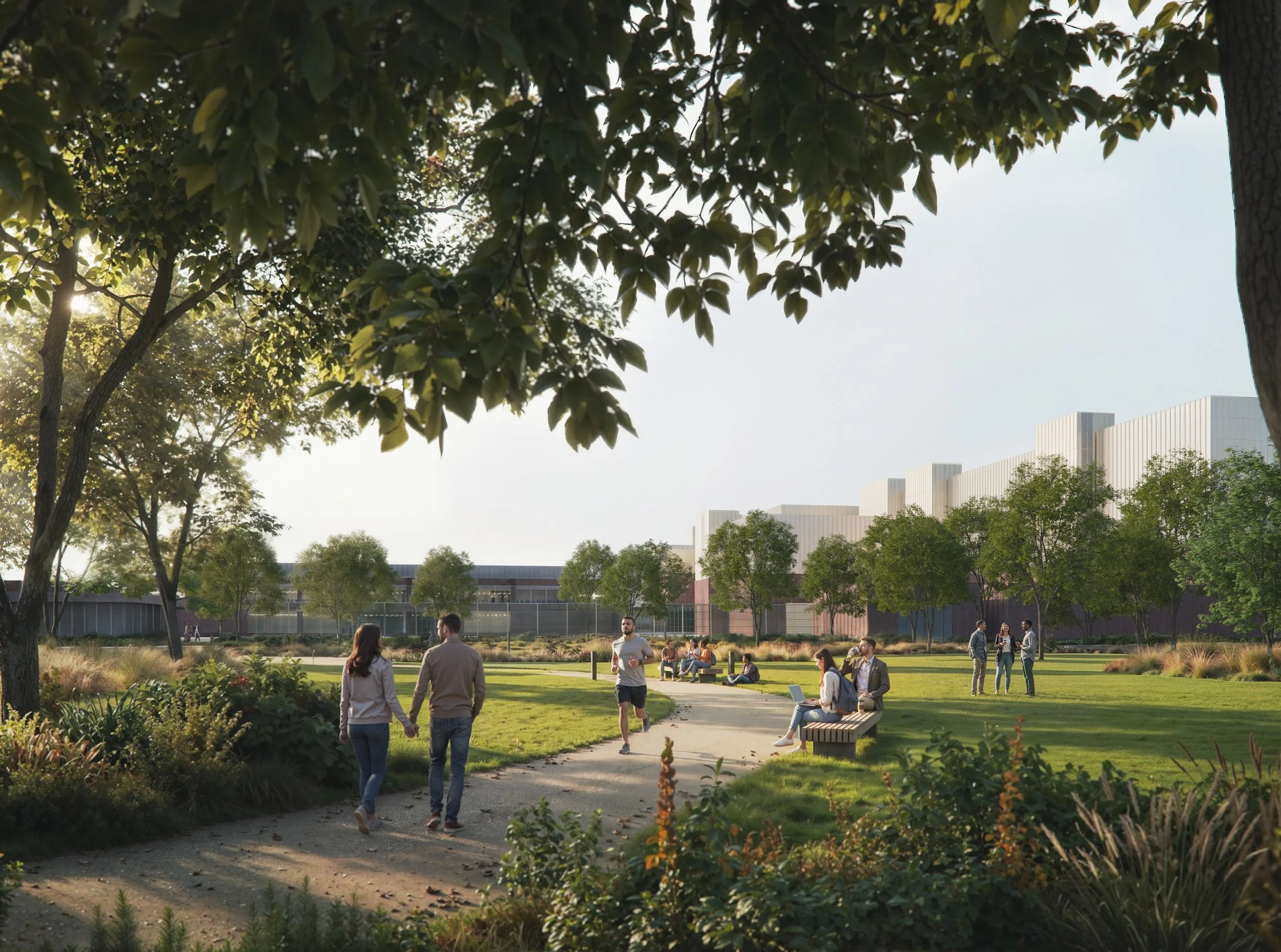 People enjoying a park with trees, grassy areas, benches, and a walking path in an urban setting with a large modern building in the background.