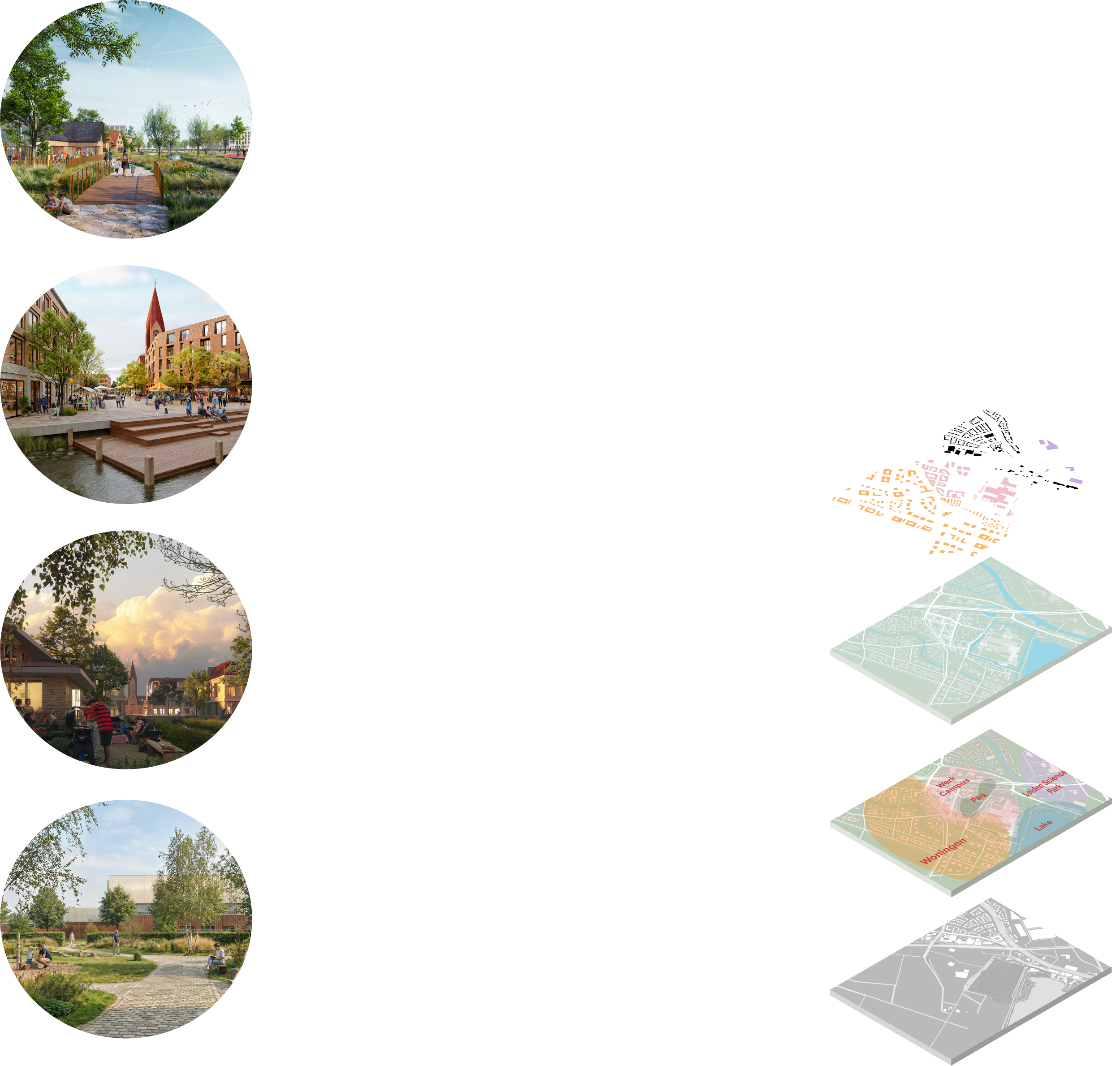 Five images of urban parks, including a children’s play area, a town square with a church, a neighborhood with houses, a scenic park with trees and sunset, and an overview map of a city district.