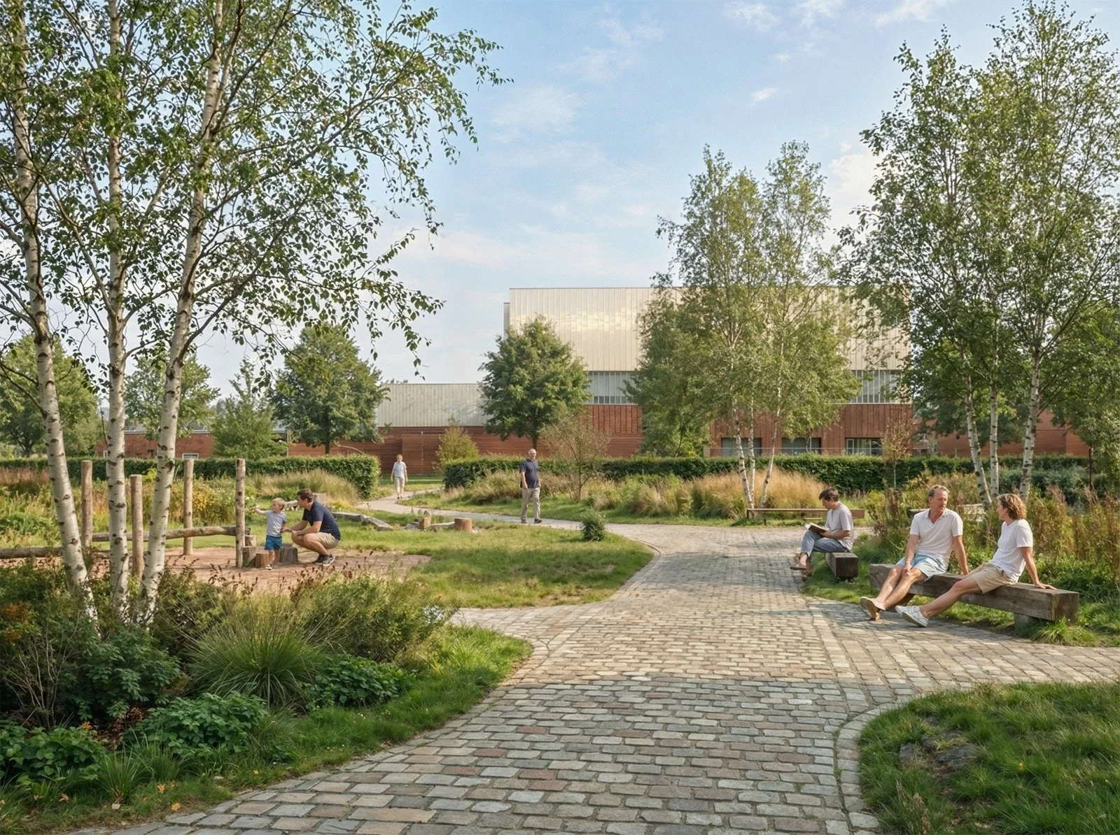 People relaxing and walking in a lush park with trees, benches, and a paved pathway, with a large modern building in the background.