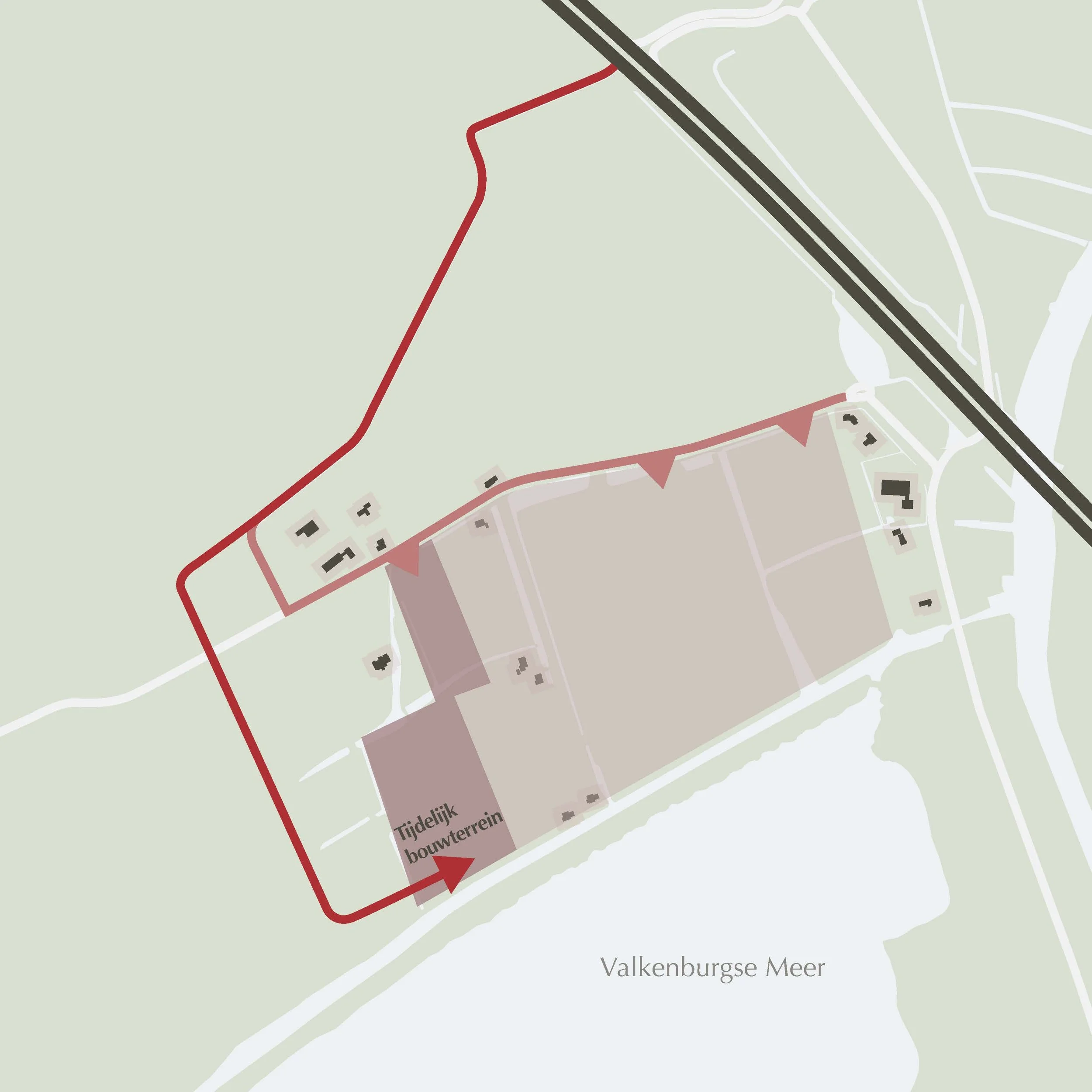 Map showing a construction area labeled "Tijdelijk b overflowerrain" and "Lilly Plot" near Valkenburgse Meer, with a red arrow pointing to the construction site and a red boundary line surrounding the area.