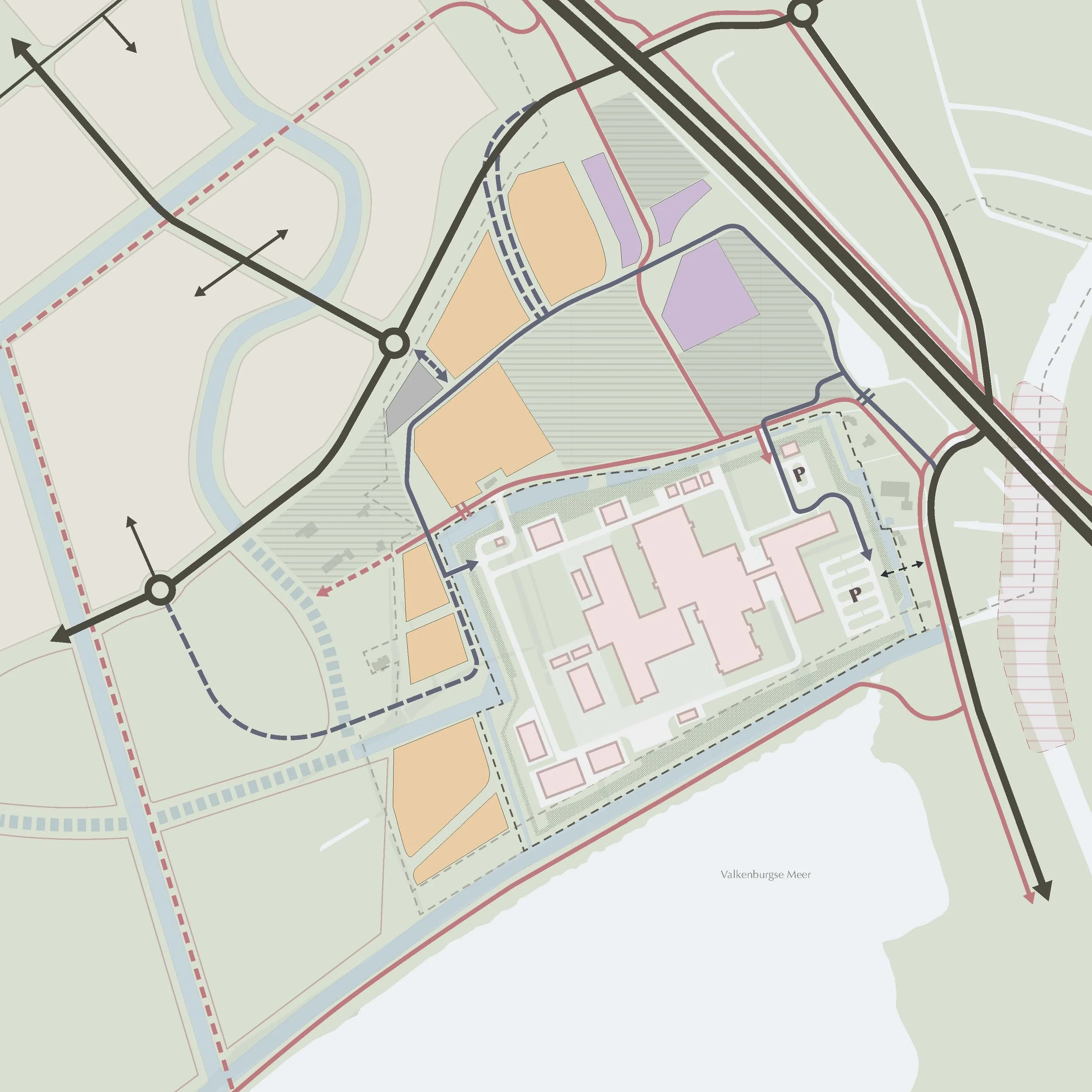 A detailed map showing roads, pathways, buildings, parking areas, and waterways near the Valkenburg Sea.