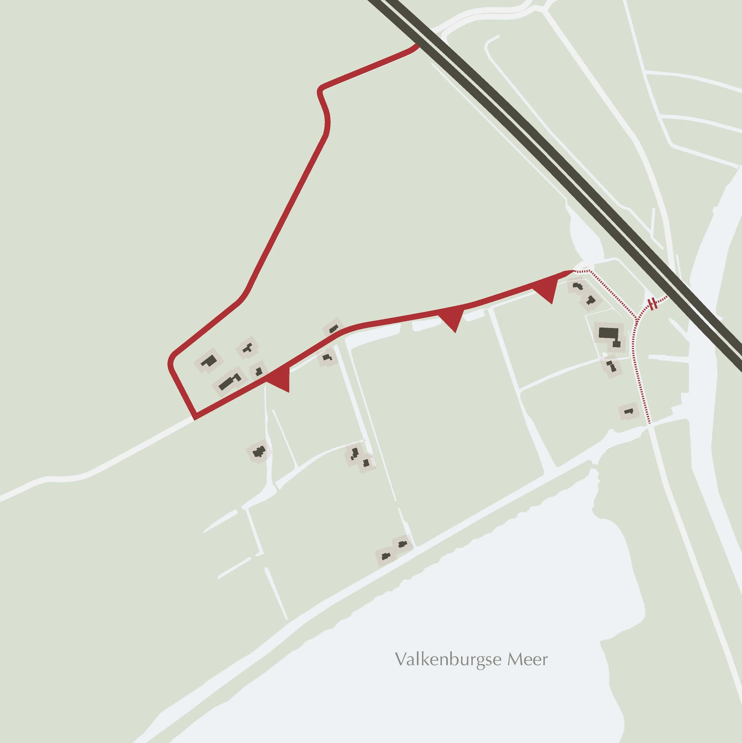 Map highlighting a route in red with warning triangles along it, near Valkenburger Meer, showing surrounding roads and buildings.