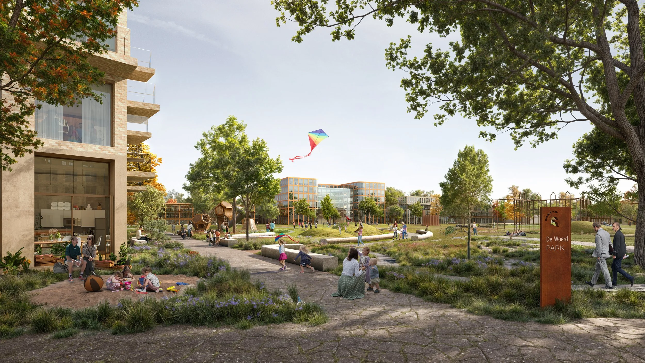 A vibrant park with children playing, adults walking, and people relaxing. There are trees, playground structures, and modern buildings in the background, with a colorful kite flying in the sky.