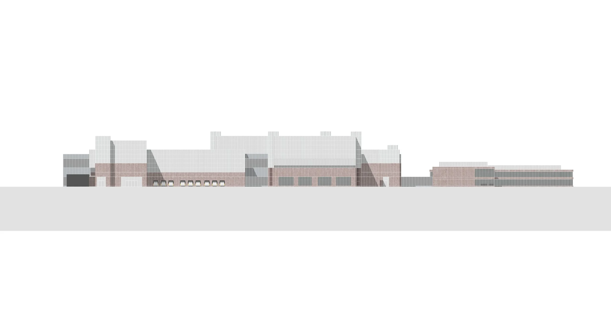 A digital architectural rendering of a large industrial building with various sections, including brick and gray elements, and multiple garage doors, set against a plain white background.
