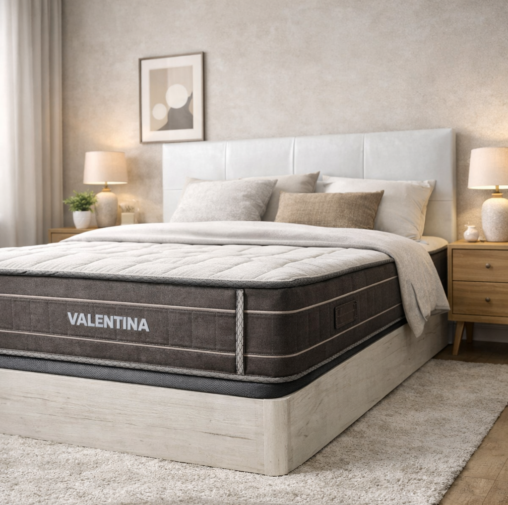Cama de matrimonio con colchón grande marca Valentina, en una habitación con paredes claras, cortinas blancas, dos lámparas de noche y cuadros en la pared.