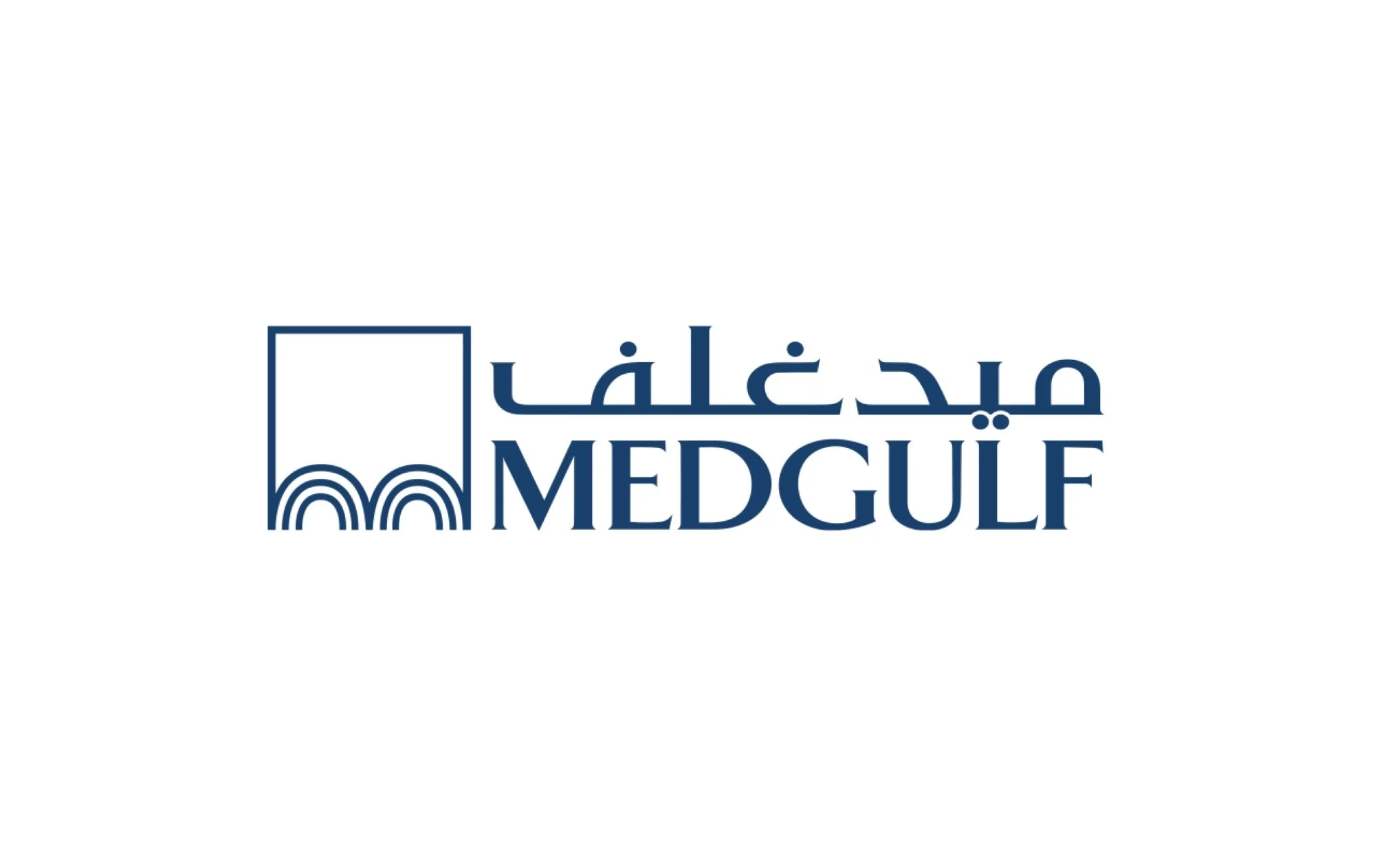 Logo with a square containing two rainbow-like lines and text in Arabic and English reading 'Medgulf'.