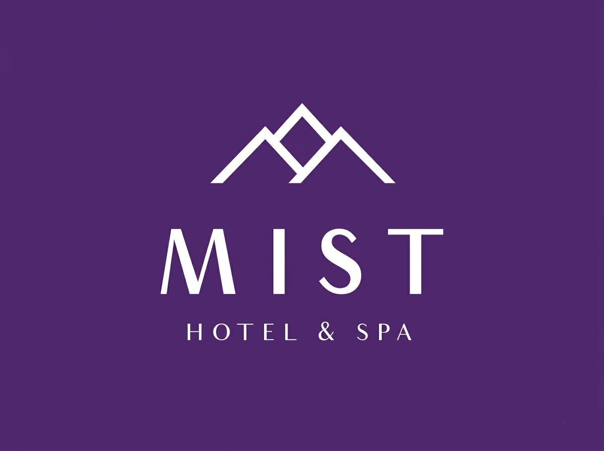 Logo for Mist Hotel & Spa with stylized mountain graphic on purple background.