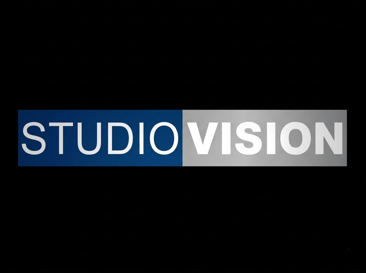 Logo with the text 'STUDIO VISION', where 'STUDIO' is on a blue background and 'VISION' is on a gray background, set against a black background.