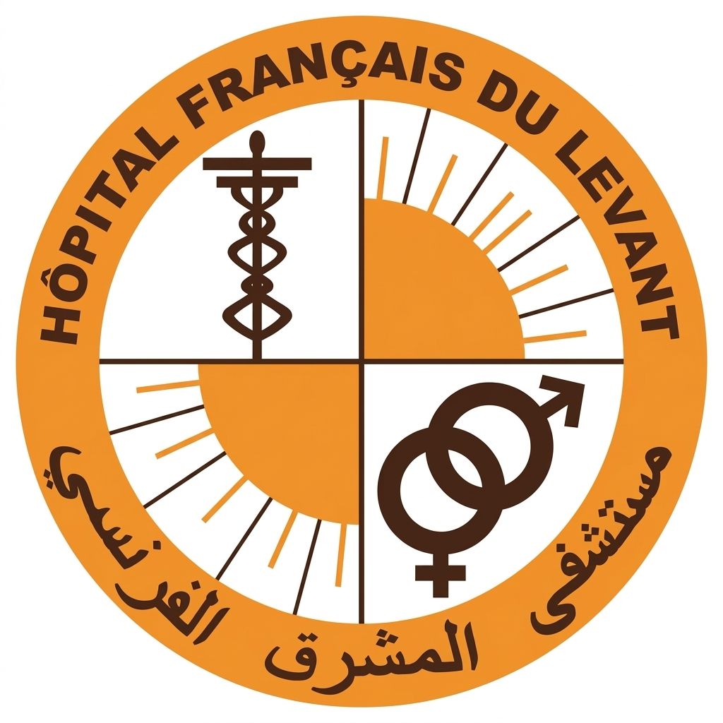 Logo of Hospital Français du Levant featuring a circular design divided into four quadrants, with medical symbols and sunburst motifs, and the hospital name written in English and Arabic around the edge.