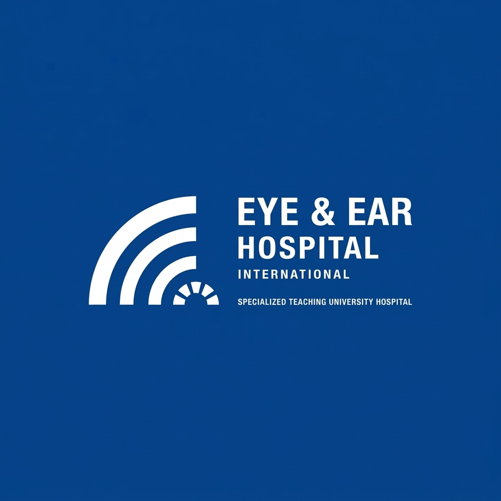 Blue background with white logo and text for Eye & Ear Hospital International, a specialized university hospital.