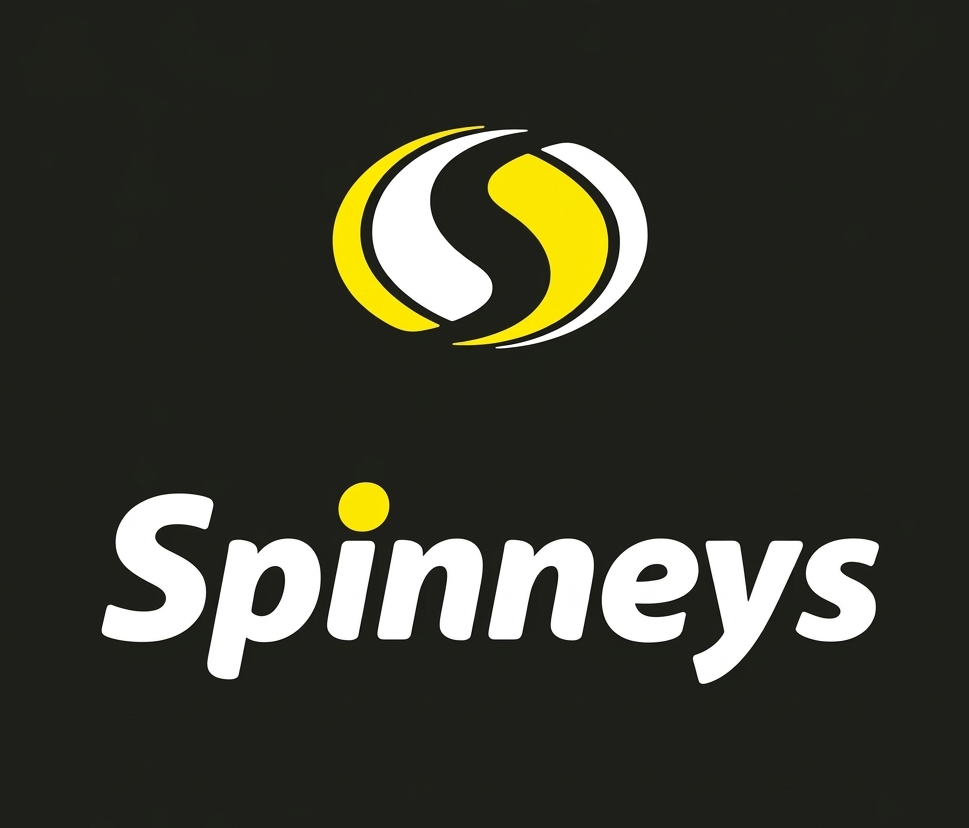 Logo for Spinneys, with a stylized circular icon in black, white, and yellow above the company name in white text on a black background.