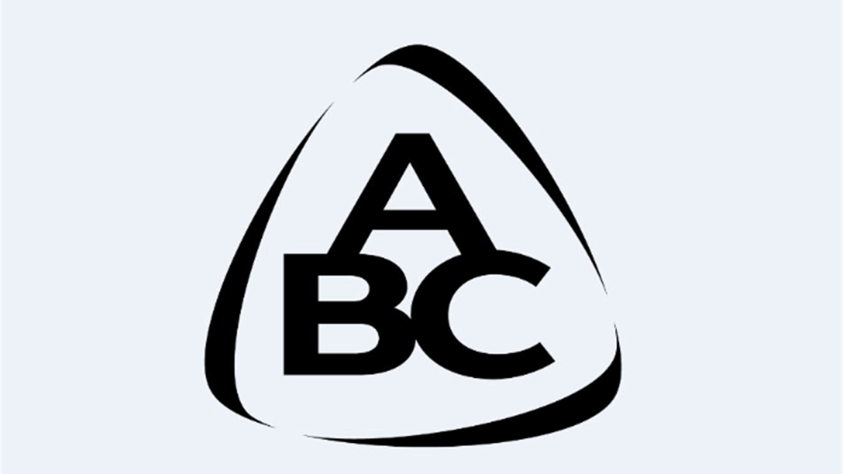 A black and white logo with the words 'A', 'B', and 'C' inside a triangle shape surrounded by a swoosh.