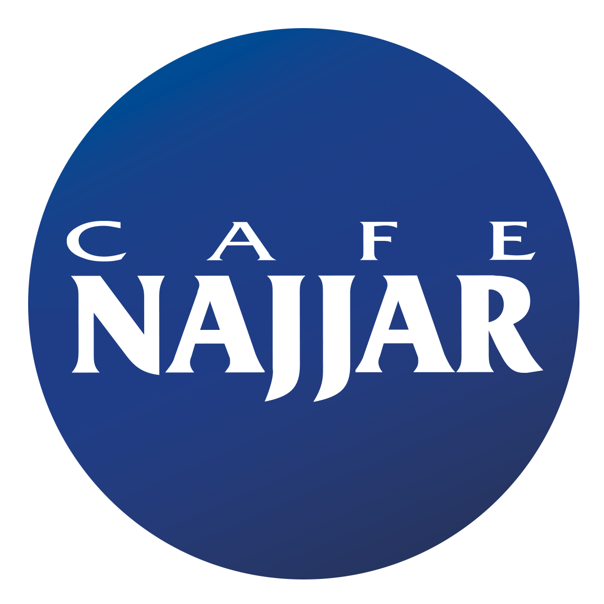 Logo for Cafe Najar with white text on a blue background.