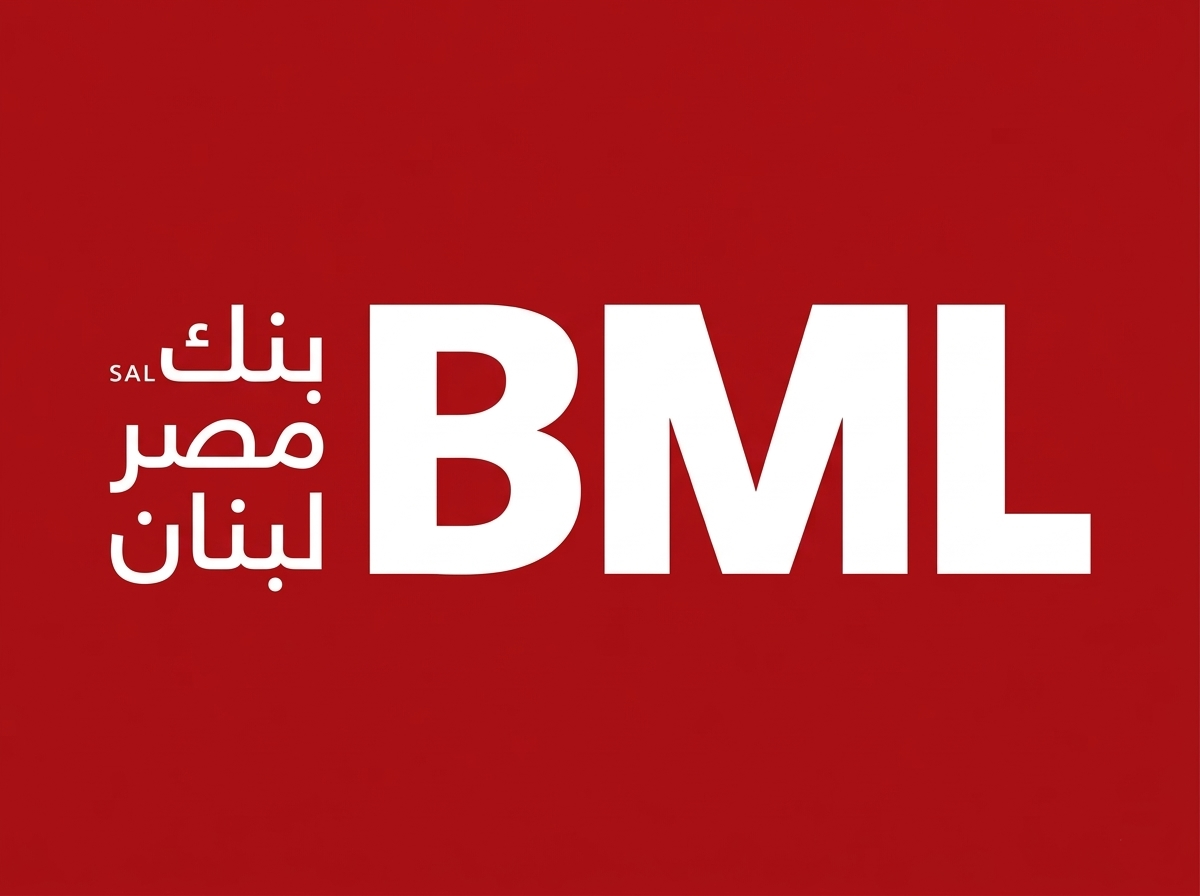 Red background with white and Arabic text, large letters 'BML', and smaller Arabic and English words 'SAL' and 'BANK'.