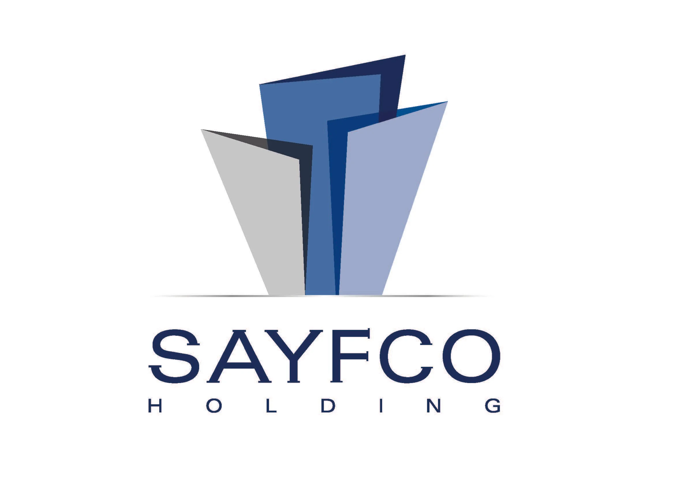 Logo with intersecting geometric shapes in shades of blue and gray above the text 'SAYFCO HOLDING' in navy blue.