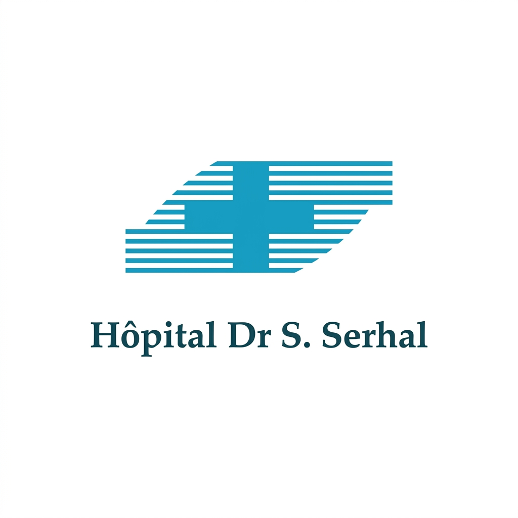 Logo of a hospital named Hôpital Dr S. Serhal with a stylized blue cross and horizontal lines.