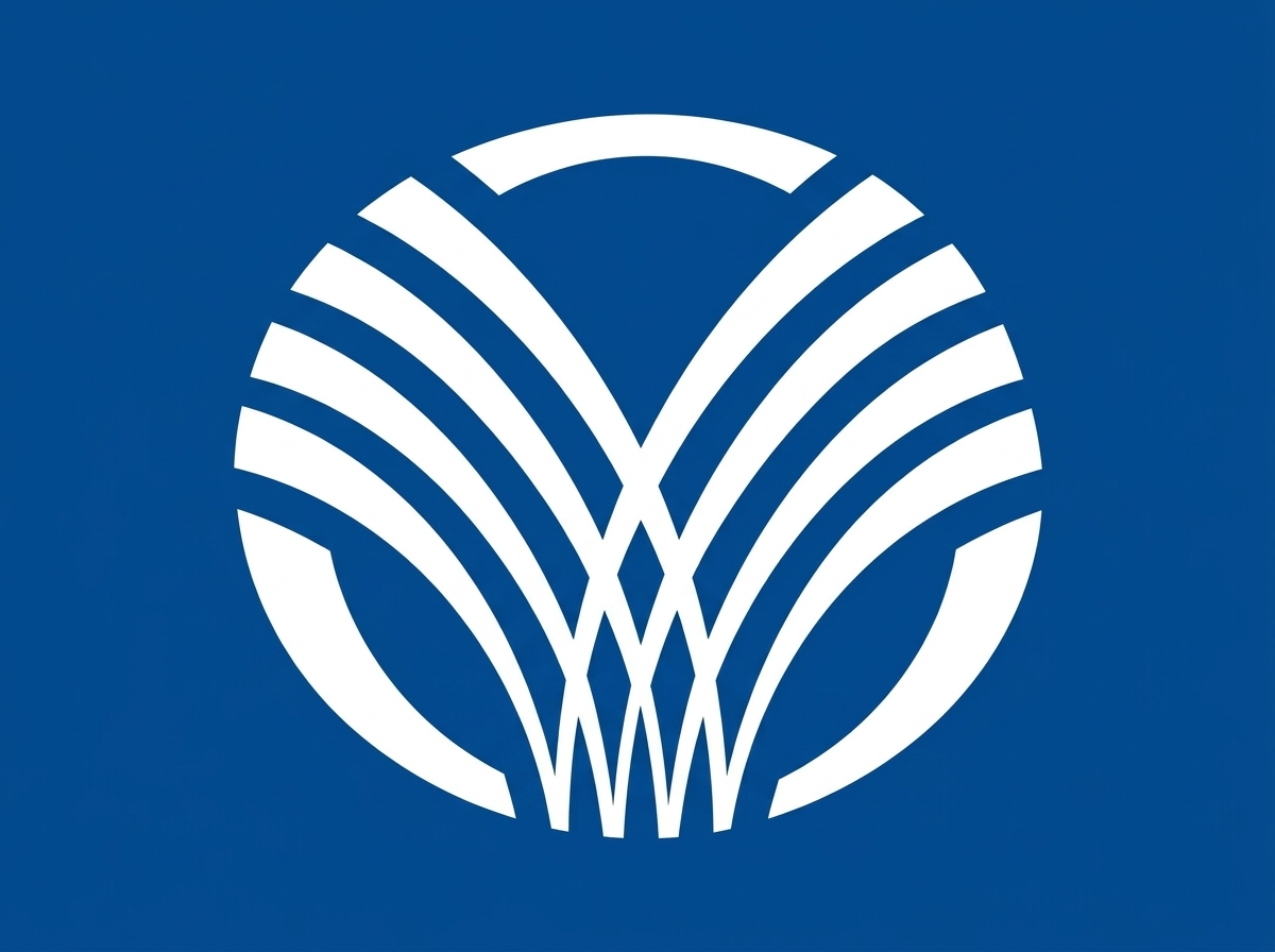 White abstract logo with symmetrical curved lines forming a stylized flower or leaf design on a blue background.