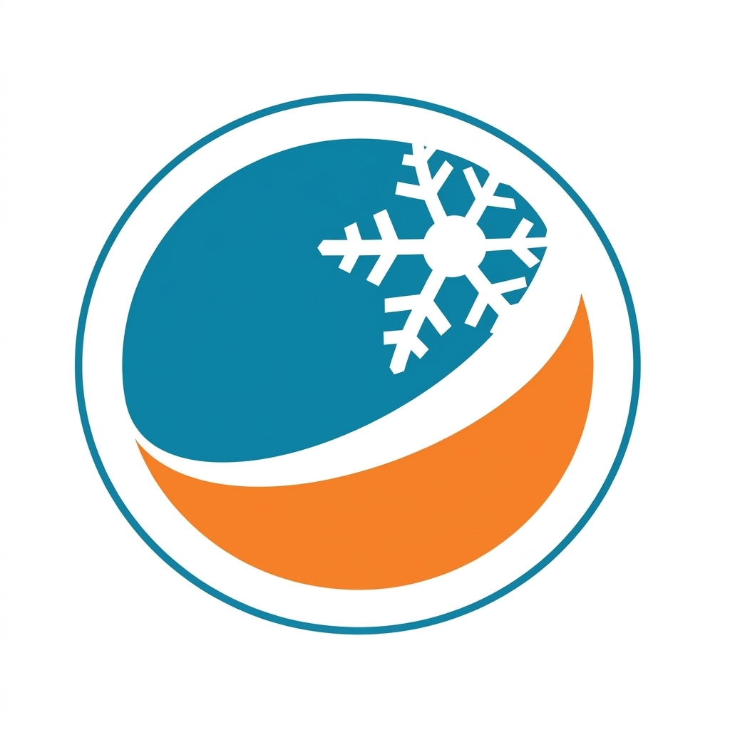 A logo featuring a globe with a snowflake and a curved band, in blue, white, and orange colors.