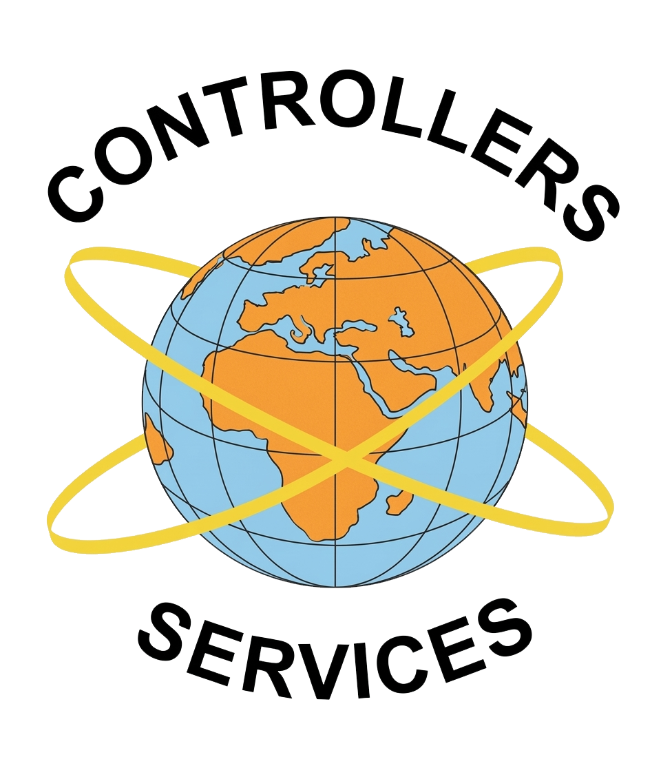 A globe with three yellow orbit lines encircling it, and the words "Controlllers" at the top and "Services" at the bottom.