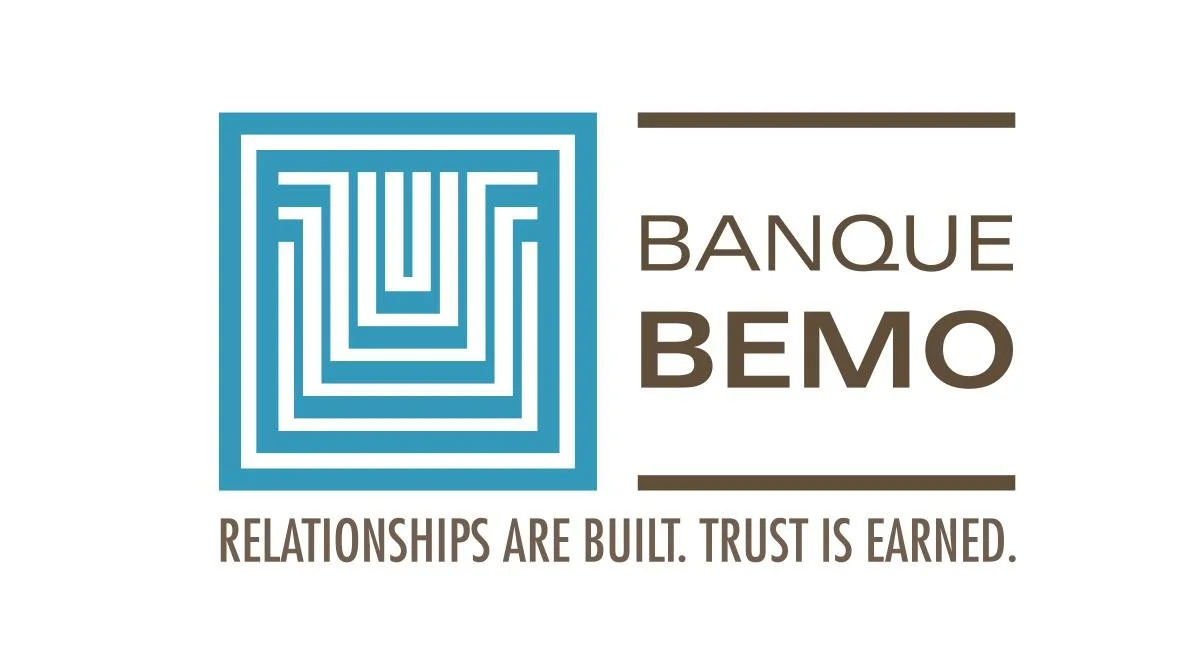 Logo of Banque Bemo with a blue maze-like design, the name 'Banque Bemo', and the slogan 'Relationships are built. Trust is earned.'