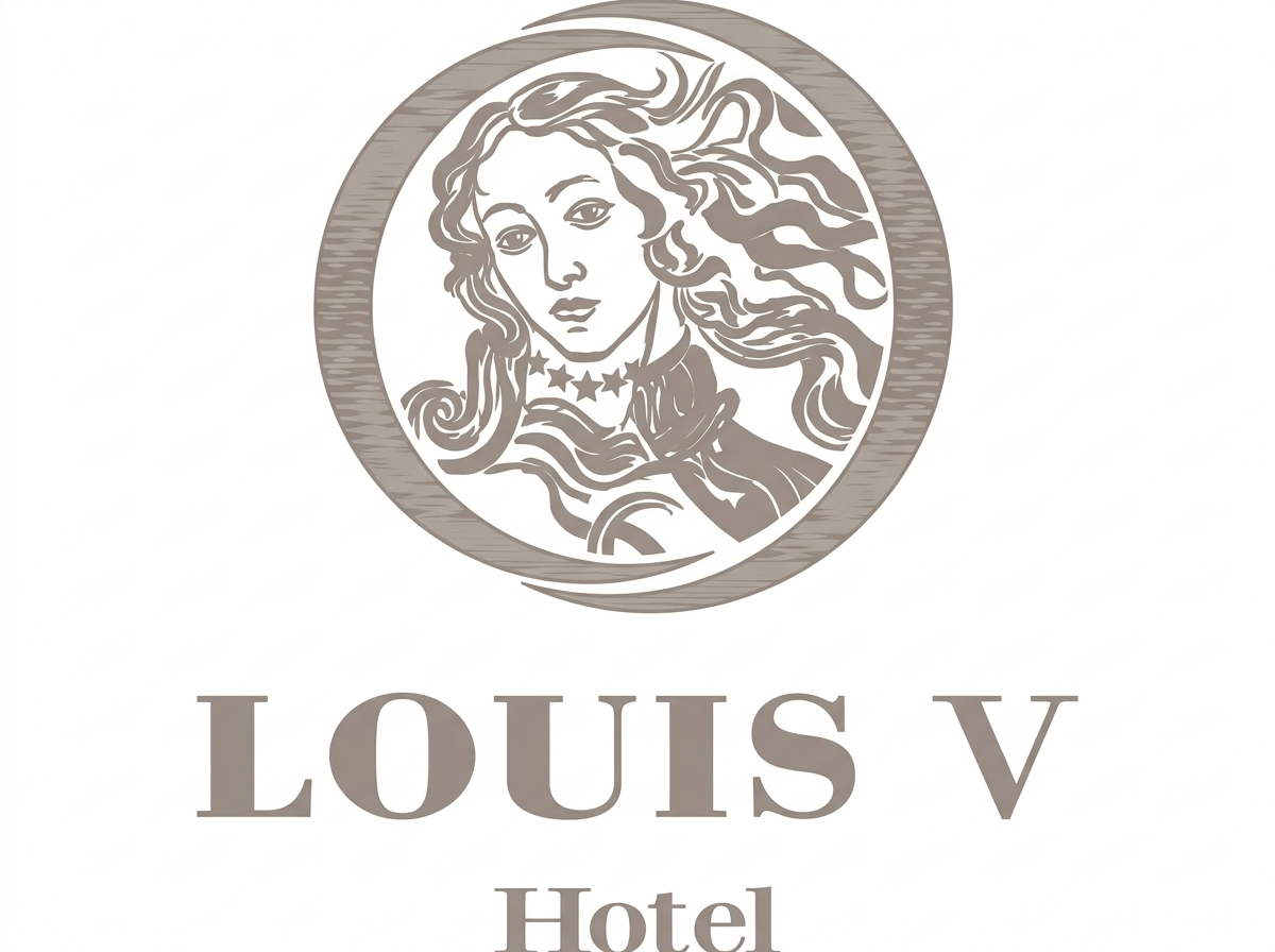 Stylized logo of a woman with flowing hair inside a circular border, with the text "LOUIS V" and "Hotel" beneath it.