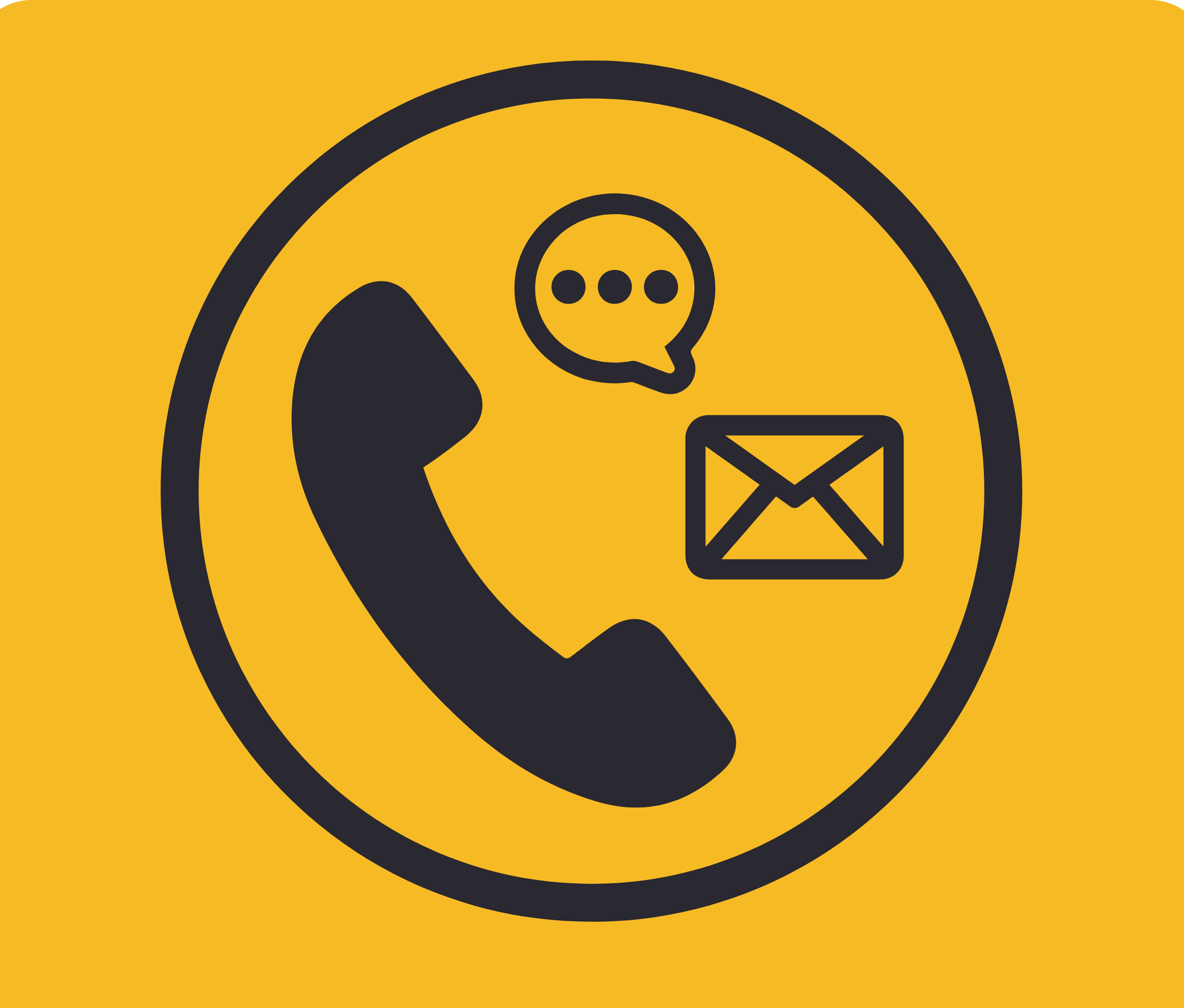 Icon of a phone receiver, speech bubble, and envelope inside a yellow circle, representing contact methods.