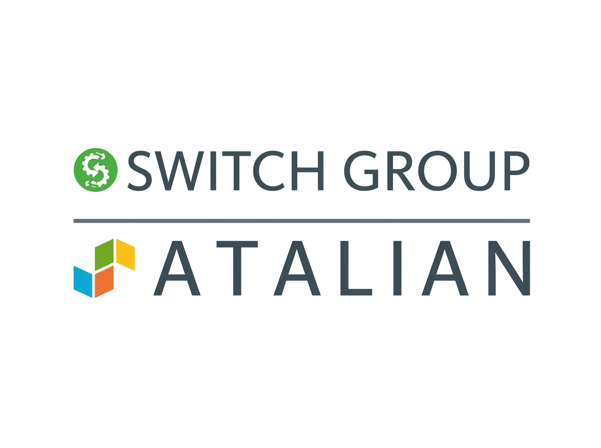 Logo of Switch Group Italian with a gear inside a green circle above the text "Switch Group" and a colorful geometric icon above the word "Italian".