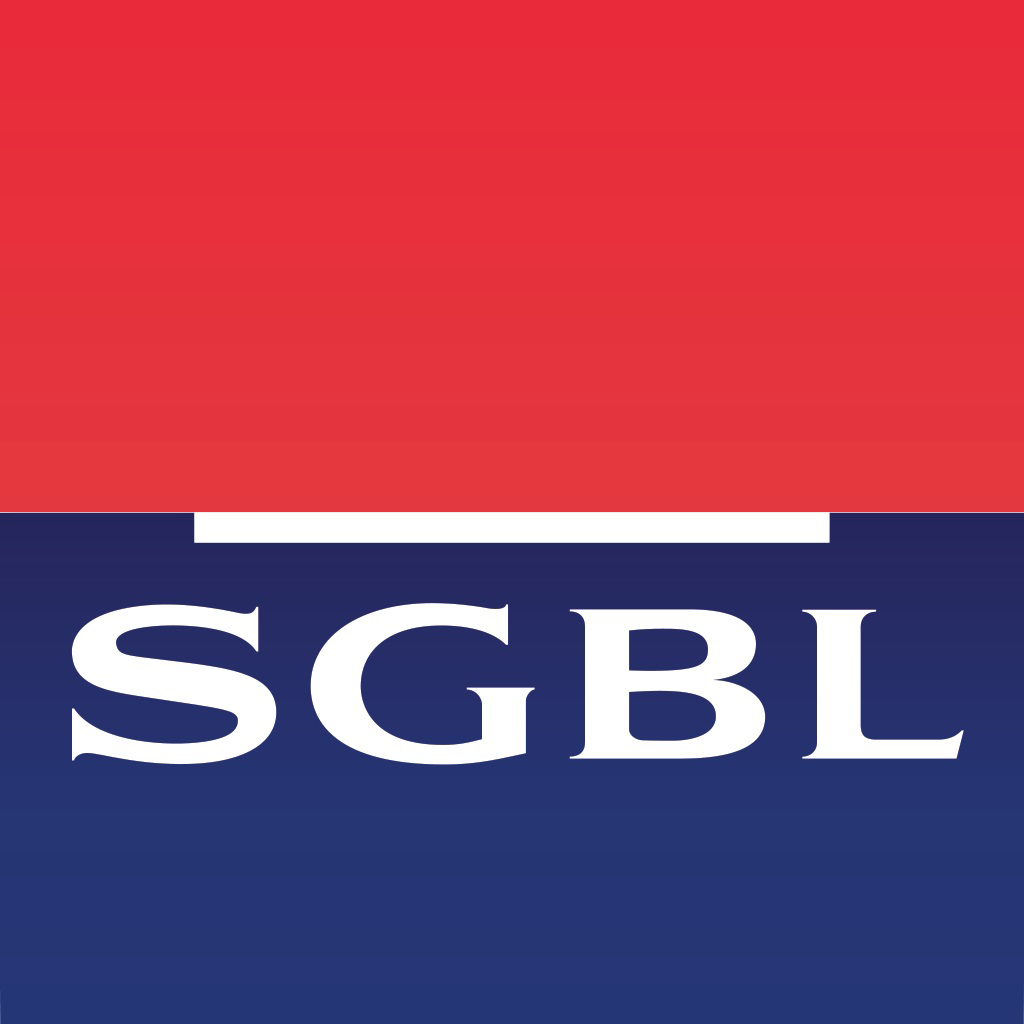 A logo with a red top section, a white middle line, and a navy blue bottom section with the white text 'SGBL'