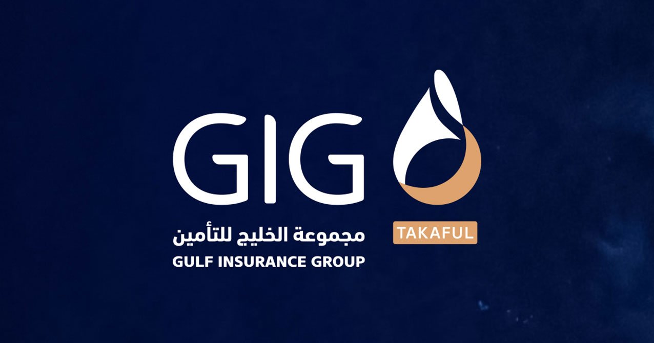 Gulf Insurance Group logo with Arabic text and a drop-shaped symbol, featuring the word 'TAKAFUL' on a beige background.